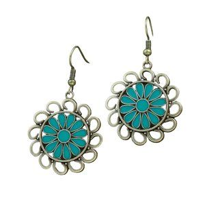 Turquoise Enamel Flower Boho Dangle Earrings Gold Tone
